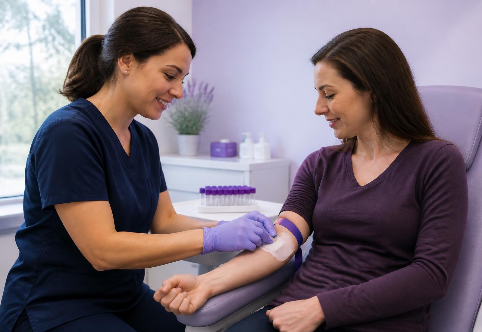 Phlebotomist taking a blood sample from a patient at a Cheshire Bloods Clinic appointment